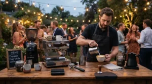 Portable dual boiler espresso machine for commercial use set up at an outdoor wedding catering station.