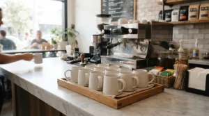 Automated dual boiler espresso machine for commercial use station in a modern boutique hotel lobby