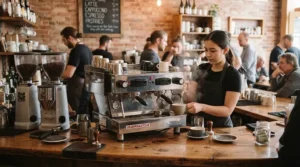 A sleek dual boiler espresso machine for commercial use operating in a bustling downtown coffee shop during morning rush hour.
