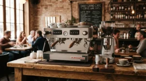 Dual boiler espresso machine for commercial use installed on a modern restaurant beverage bar