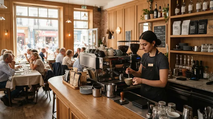 A sleek dual boiler espresso machine for commercial use installed in a bustling restaurant beverage station.