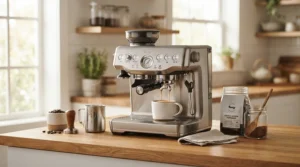 Front view of a shiny stainless steel dual boiler espresso machine for commercial use on a modern cafe counter.