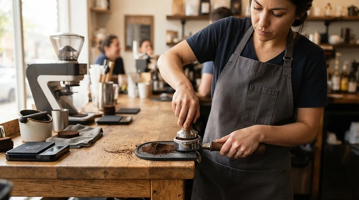Barista tamping ground coffee beans near a dual boiler espresso machine for commercial use