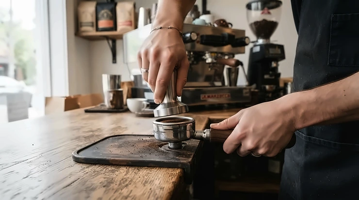 A home barista tamping coffee grounds in a portafilter next to a dual boiler espresso machine for home baristas.