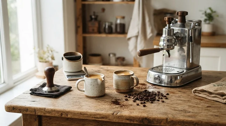 Tools and accessories arranged next to a dual boiler espresso machine for milk steaming