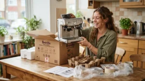 An excited novice unboxing a beginner-friendly appliance for a dual boiler espresso machine review for beginners.