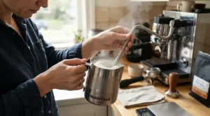 A person steaming milk, featured in a dual boiler espresso machine review for beginners exploring milk frothing basics.