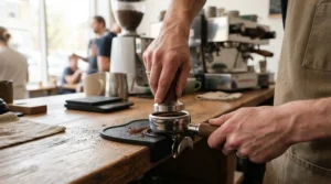 Demonstrating espresso machine terminology by tamping coffee grounds in a portafilter.