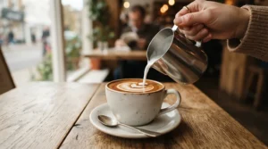 Pouring steamed milk into espresso for a dual boiler espresso machine review for beginners practice session.