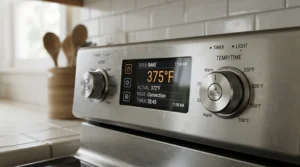 Close-up of dual boiler basics for new buyers showing digital temperature display and controls.