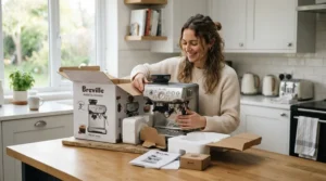 A beginner unboxing their dual boiler espresso machine review for beginners setup on a kitchen counter.