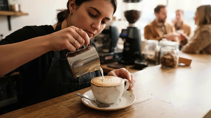 Barista pouring steamed milk to create latte art using an entry-level dual boiler espresso machine