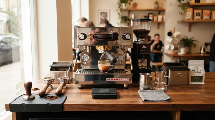 An elaborate home coffee bar centered around a heavy-duty heat exchange espresso machine and accessories.