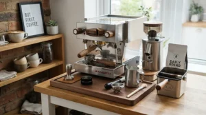 A modern heat exchange espresso machine for home use featured in a dedicated coffee corner with organized accessories.