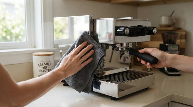 Wiping down the polished exterior of a heat exchange espresso machine for home use after completing the daily brew cycle.