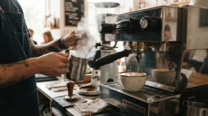 A compact heat exchange espresso machine for home use pulling a rich espresso shot while simultaneously steaming milk.