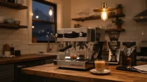 A warm, ambient view of a heat exchange espresso machine for home use during a relaxed evening decaf preparation.