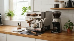 A professional-grade heat exchange espresso machine for home use set up beside a grinder in a brightly lit suburban kitchen.