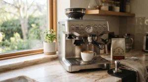 A sleek heat exchange espresso machine for home use on a quartz countertop while someone steams milk for a morning latte.