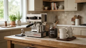 A stainless steel heat exchange espresso machine for home use surrounded by artisan coffee gear prepared for a family brunch.