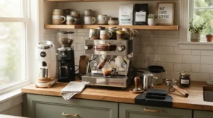 An organized home coffee station featuring a shiny heat exchange espresso machine for lever operation and accessories.