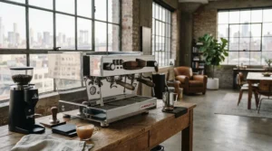 Setting up a commercial-grade heat exchange espresso machine for lever operation in a stylish loft apartment.