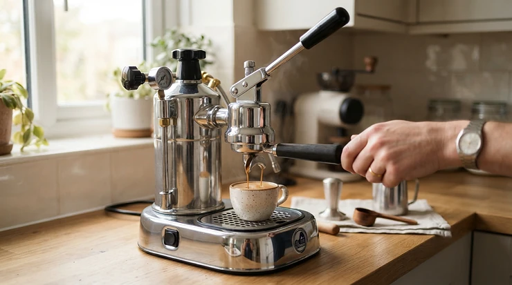 A sleek heat exchange espresso machine for lever operation sitting on a quartz countertop in a sunny suburban kitchen.