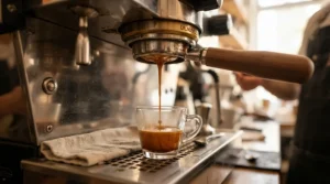 Observing manual extraction flow from a portafilter on a heat exchange espresso machine for lever operation.