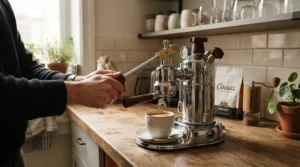 Barista pulling a shot using a heat exchange espresso machine for lever operation during a busy morning routine.