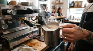 Steaming milk with a professional heat exchange espresso machine for lever operation for a handcrafted latte.