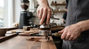 Tamping fresh coffee grounds before brewing with a heat exchange espresso machine for lever operation.