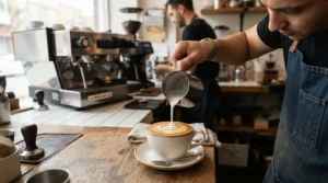 Pouring steamed milk into a ceramic cup near a compact heat exchange espresso machine for small households.