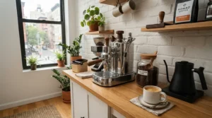 A compact heat exchange espresso machine for small households fitted neatly into a tight apartment coffee station.