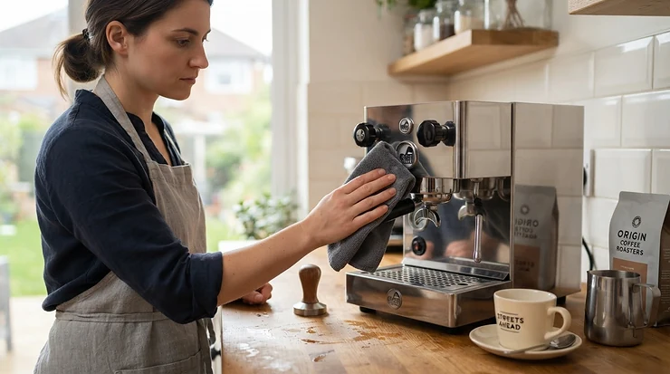 Routine cleaning of a durable heat exchange espresso machine for small households in a residential kitchen.