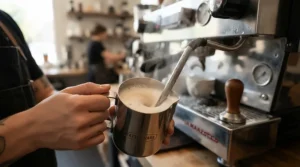 Close-up of a stainless steel pitcher frothing milk next to a heat exchange espresso machine for small households.