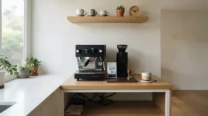 A minimalist white countertop featuring a polished heat exchange espresso machine for small households.