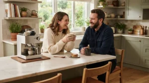 A couple enjoying fresh drinks made by their heat exchange espresso machine for small households on a weekend.
