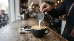 Pouring steamed milk into a ceramic cup to create latte art using a high-powered heat exchange espresso machine.