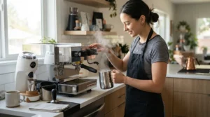 Mastering the milk frothing technique with the dual-use capability of a heat exchange espresso machine.