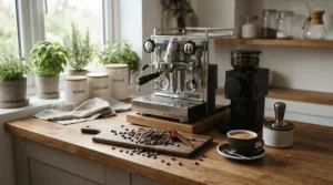 A cozy weekend coffee routine featuring a polished heat exchange espresso machine and fresh coffee beans.