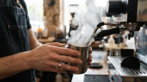 Close-up of a home barista using the steam wand on a heat exchange espresso machine to froth milk for a cappuccino.