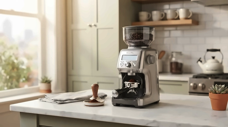 Compact heat exchange espresso machine under $1500 fitted in a cozy urban apartment kitchen
