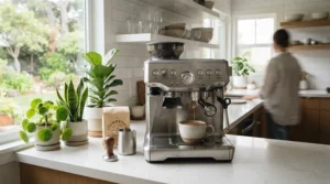 A sleek heat exchange espresso machine under $1500 on a modern kitchen counter
