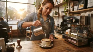 Preparing a latte with a heat exchange espresso machine under $1500 during the morning routine