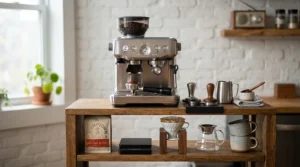 A home coffee bar featuring a heat exchange espresso machine under $1500 and grinder