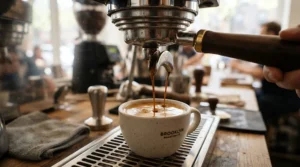 Demonstrating brew stability, this PID-controlled espresso machine for consistency pours a steady stream of espresso into a ceramic mug.