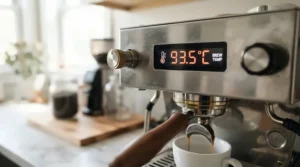 A PID-controlled espresso machine for consistency showing a bright digital thermostat screen during a morning coffee routine in a modern apartment kitchen.