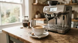 A freshly pulled shot next to the PID-controlled espresso machine for consistency during a quiet Sunday morning at home.