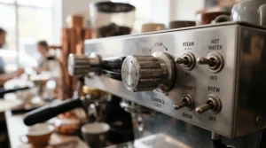 Close-up of dials and buttons on a high-end PID-controlled espresso machine for consistency designed for exact thermal management.