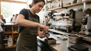 A barista achieving repeatable extraction using a stainless steel PID-controlled espresso machine for consistency in a cozy neighborhood cafe.